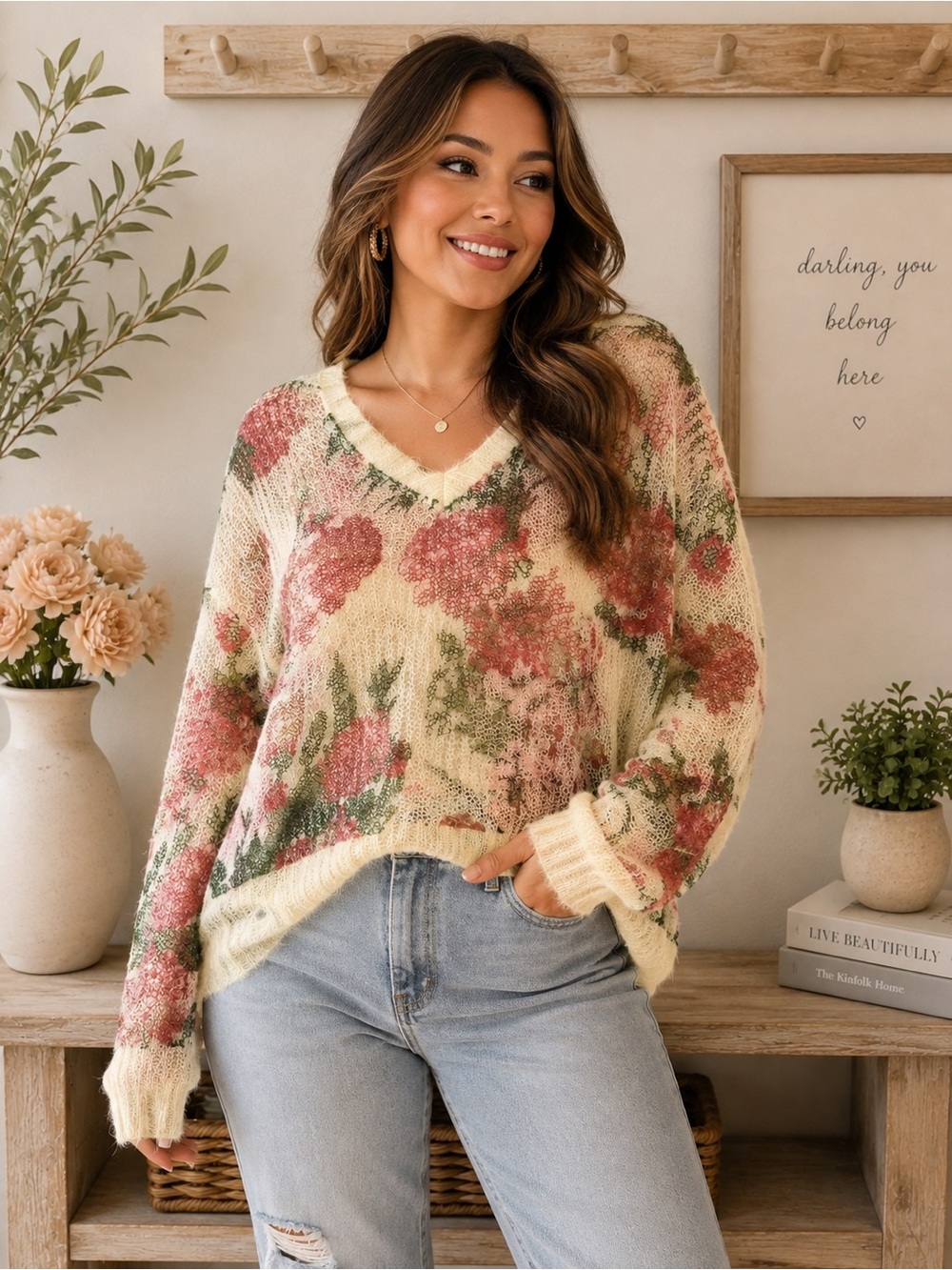 Floral V-Neck Cozy Knit Sweater - Cream with Pink & Green